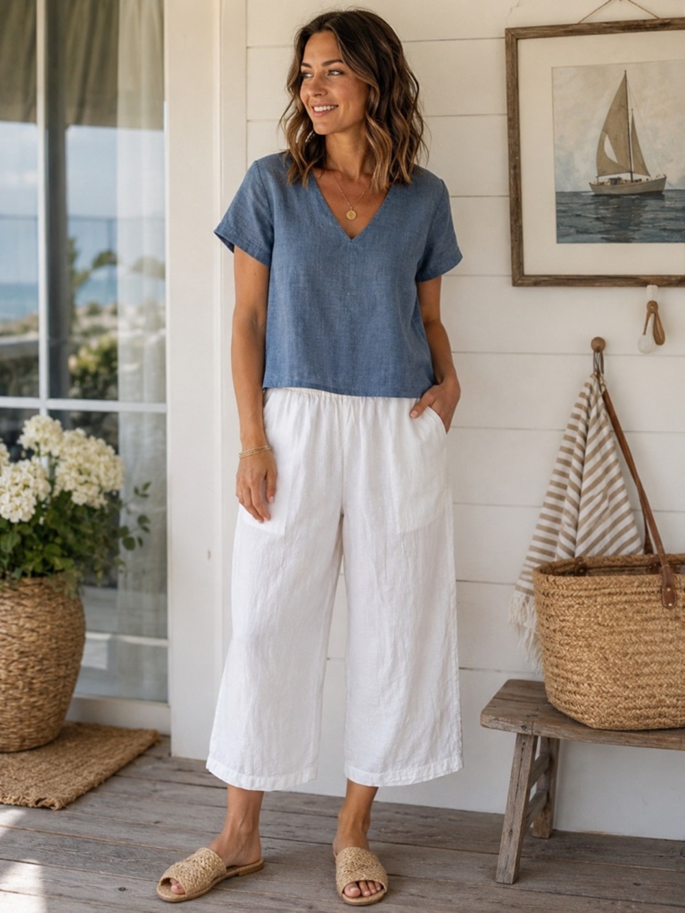 Cynthia Rowley | White 100% Linen Wide Leg Cropped Pants, Size M